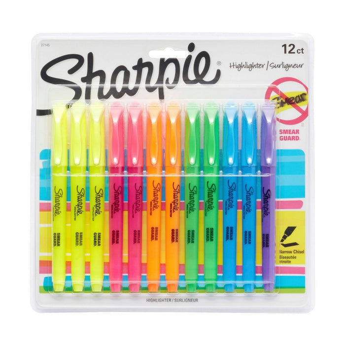 Sharpie Pocket 12pk Highlighters Smear Guard Narrow Chisel Tip Multicolored