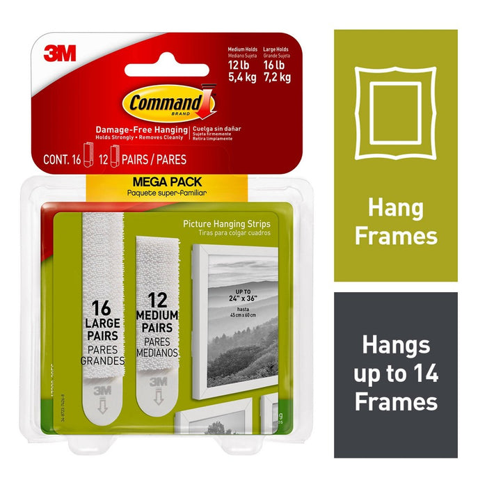 Command 12 Sets of Medium/16 Sets of Large Sized Picture Hanging Strips Mega White
