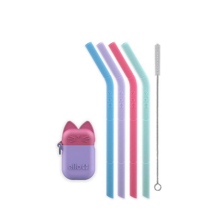 Ello 6pc Silicone Kids Fold & Store Straw Set (CAT)