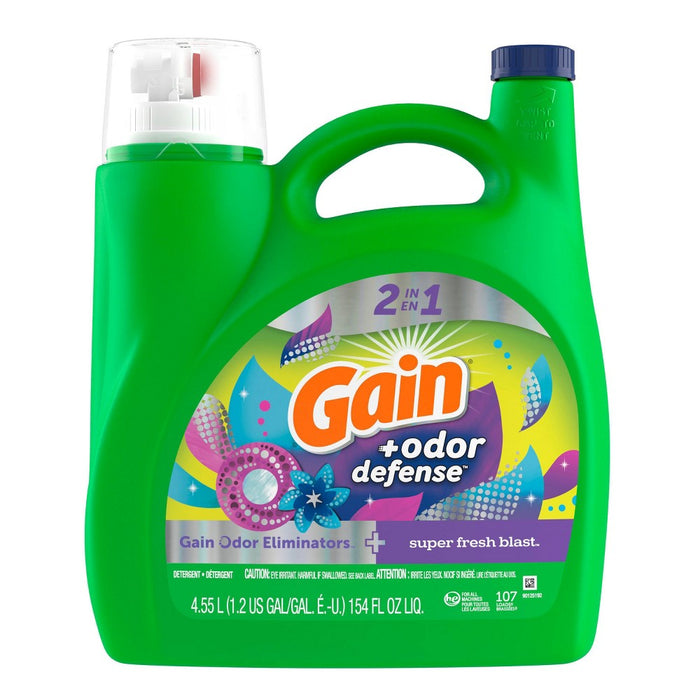 Gain + Odor Defense Super Fresh Blast Scent HE Compatible Liquid Laundry Detergent - 154 fl oz