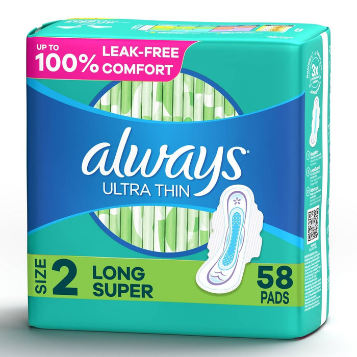 Always Long Absorbency Unscented Ultra Thin Pads with Wings - Size 2 - 58ct