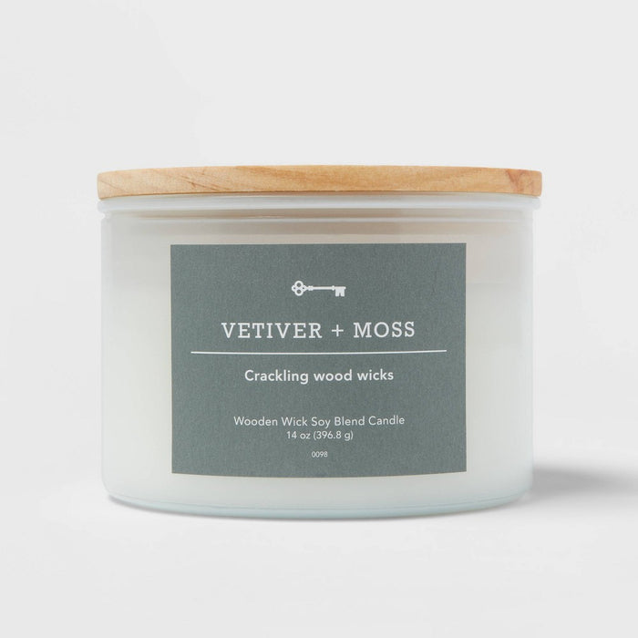 14oz 3-Wick Milky White Glass Woodwick Candle with Wood Lid and Stamped Logo Vetiver and Moss - Threshold™
