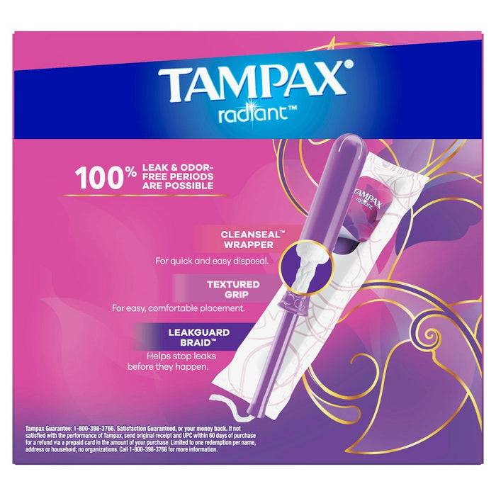 Tampax Radiant Light Absorbency Tampons Plastic Applicator and LeakGuard Braid - Unscented - 28ct