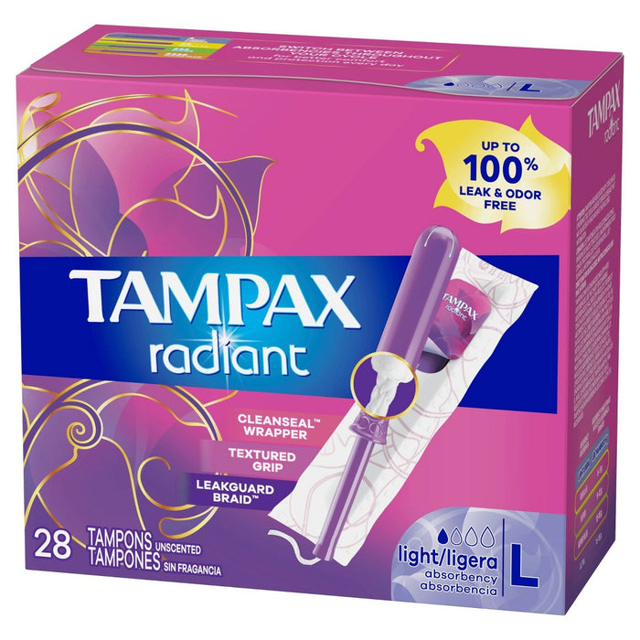 Tampax Radiant Light Absorbency Tampons Plastic Applicator and LeakGuard Braid - Unscented - 28ct