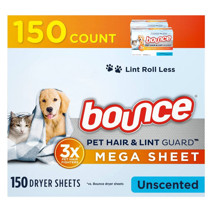 Bounce Pet Hair and Lint Guard Mega Dryer Sheets - Unscented - 150ct