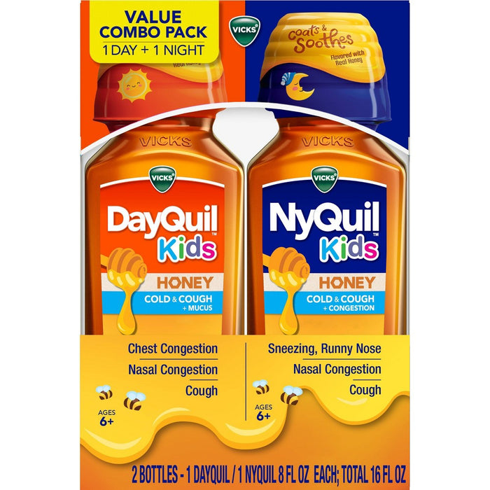 Vicks DayQuil and NyQuil Kids' Cold and Cough + Mucus Relief with Real Honey Flavor - 16 fl oz-