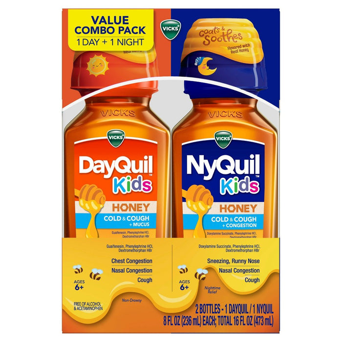 Vicks DayQuil and NyQuil Kids' Cold and Cough + Mucus Relief with Real Honey Flavor - 16 fl oz-