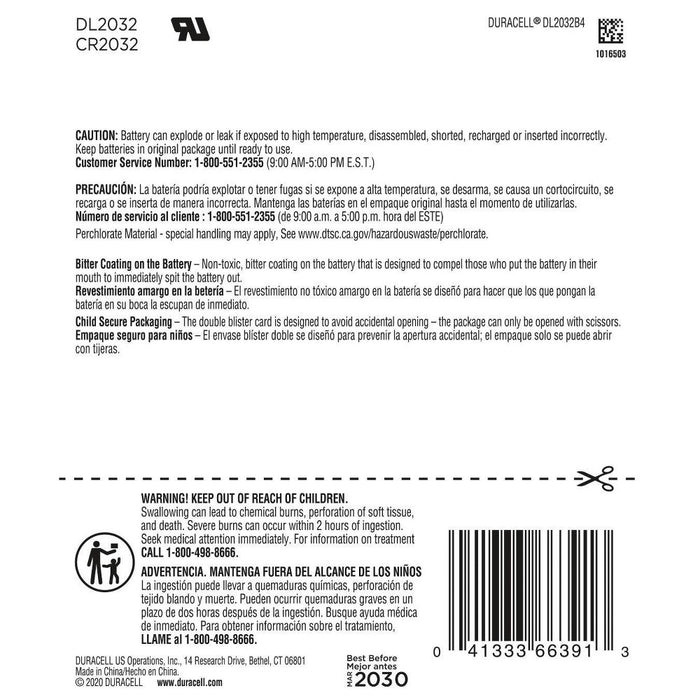 Duracell 2032 Lithium Coin Battery - 4pk Specialty Battery w/ Bitterant Technology