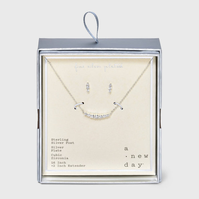 Silver Plated Cubic Zirconia Curved Bar with Stud Earring Station Necklace - A New Day™ Silver