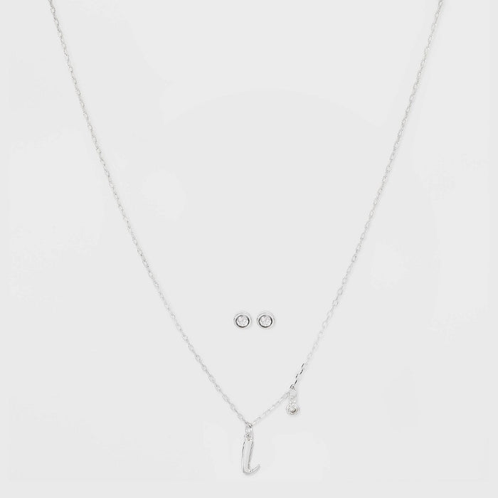 Silver Plated Cubic Zirconia Initial 'L' Chain Pendant Necklace and Earring Set - A New Day™ Silver
