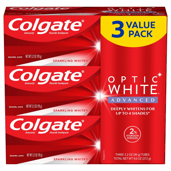 Colgate Optic White Advanced Whitening Toothpaste with Fluoride 2% Hydrogen Peroxide - Sparkling White - 3.2oz/3pk