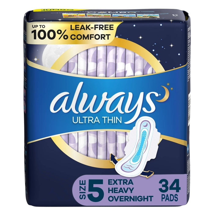 Always Ultra Thin Extra Heavy Overnight Pads - Size 5 - 34ct