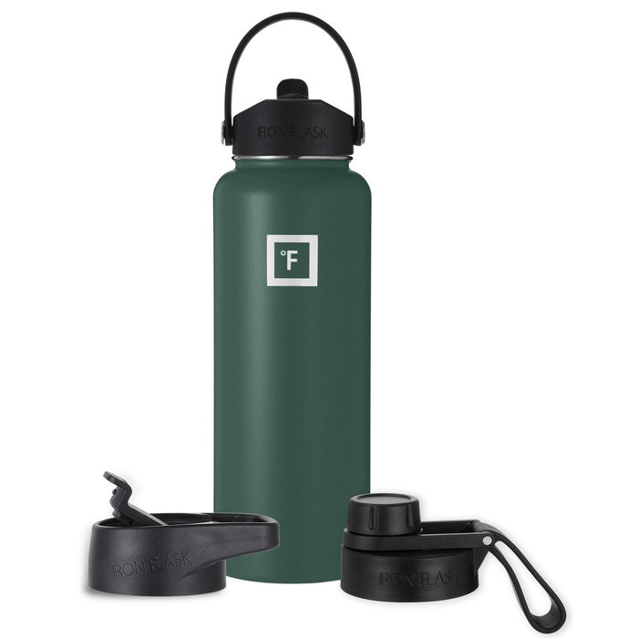 IRON FLASK 40oz Stainless Steel Wide Mouth Bottle Flex Straw Lid Dark Pine