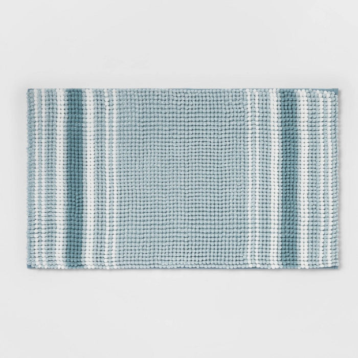 20"x34" Low Chenille Memory Foam Bath Rug Aqua Stripe - Threshold™