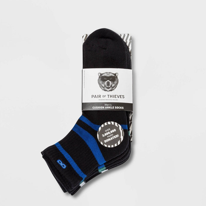 Pair of Thieves Men's 3pk Stripe Cushion Ankle Casual Socks - Blue/Green/White 8-12