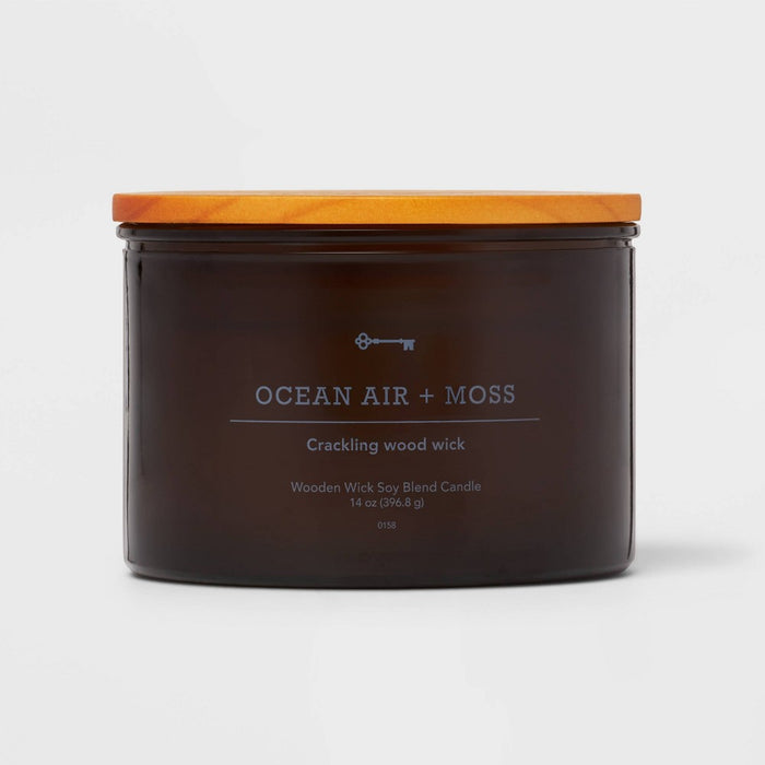 14oz Lidded Amber Glass Jar Crackling Wooden 3-Wick Ocean Air and Moss Candle - Threshold™