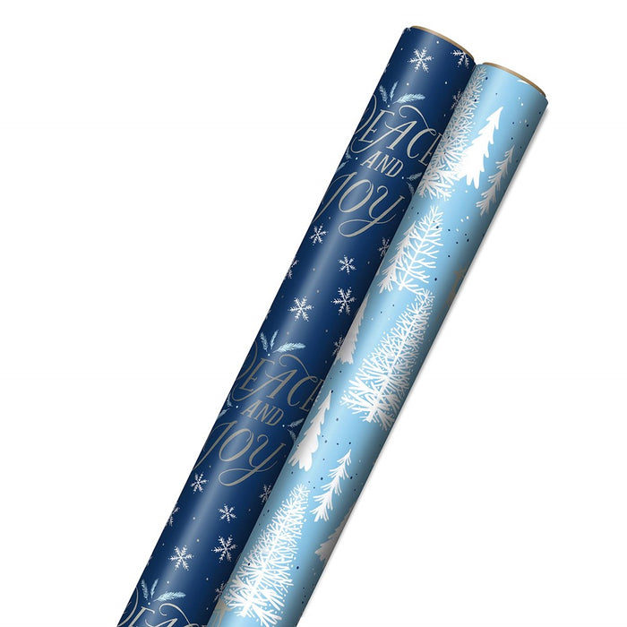 Hallmark Holiday Wrapping Paper Bundle With Cut Lines On Reverse, Elegant Woodland Peace And Joy, Deer, Pinecones, Snowflakes, Blue, Gold