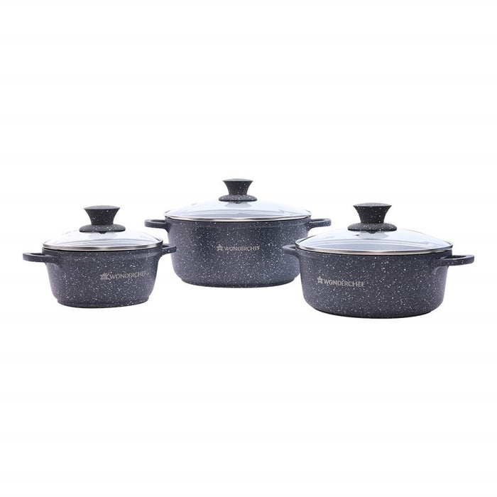 Wonderchef Granite Die Pots Cast Non Stick Sauce Pan 6 Piece Casserole Set Pots With Lids | Cooking/Stock Pots Set | Gas/Induction Compatible | Dishwasher Safe | Soft Touch Handles | 3.5Mm Thick
