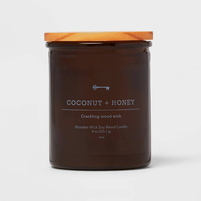 9oz Lidded Glass Jar Crackling Wooden Wick Candle Coconut and Honey - Threshold