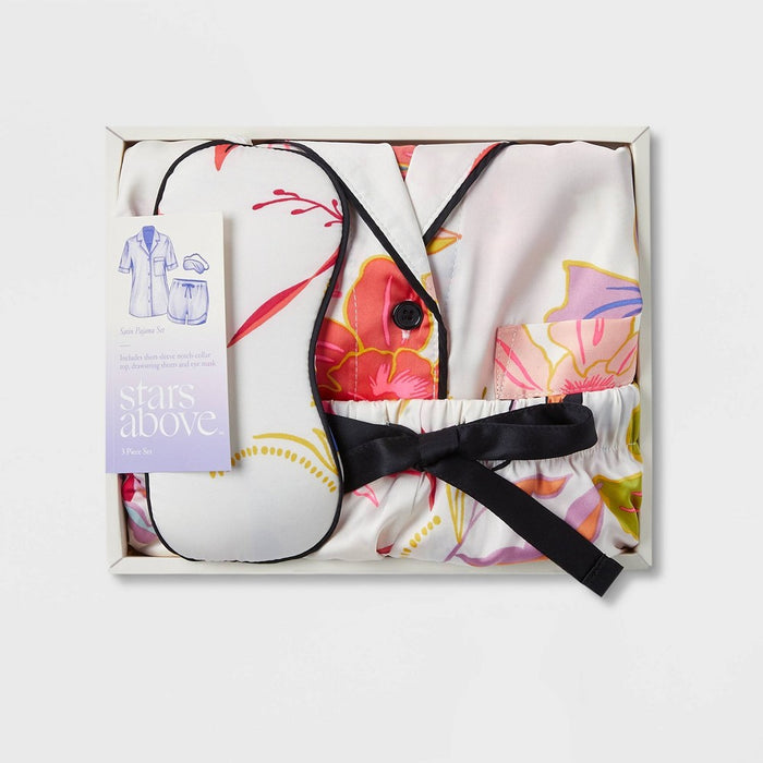 Women's 3pc Satin Notch Collar and Shorts Pajama Set - Stars Above Cream XS