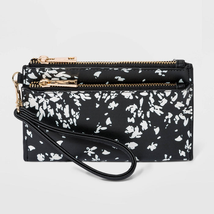 Floral Print Double Zip Wristlet Pouch - A New Day Black/White