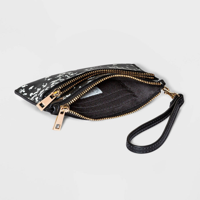 Floral Print Double Zip Wristlet Pouch - A New Day Black/White