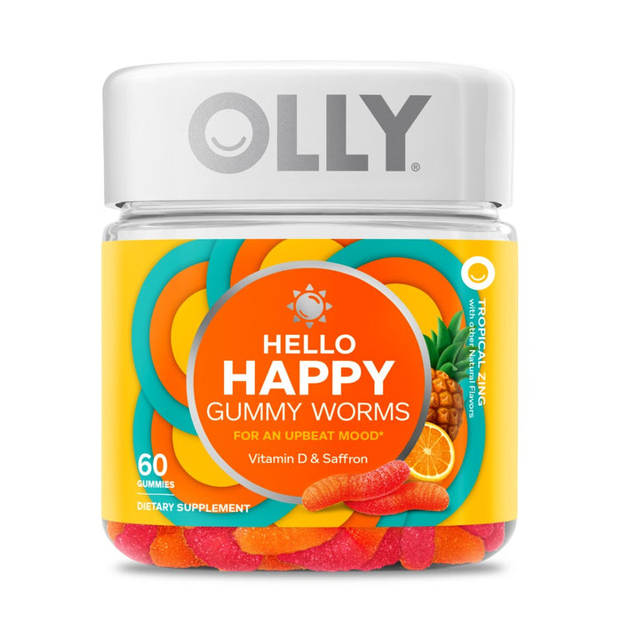 OLLY Hello Happy Gummy Worm Supplements - Vitamin D & Saffron - 60ct EXP: 12/24