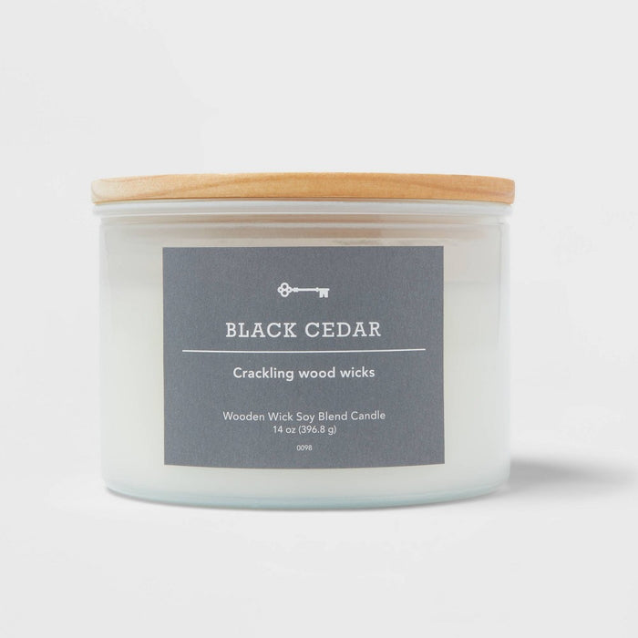 14oz 3-Wicks Milky White Glass Woodwick Candle with Wood Lid and Stamped Logo Black Cedar - Threshold
