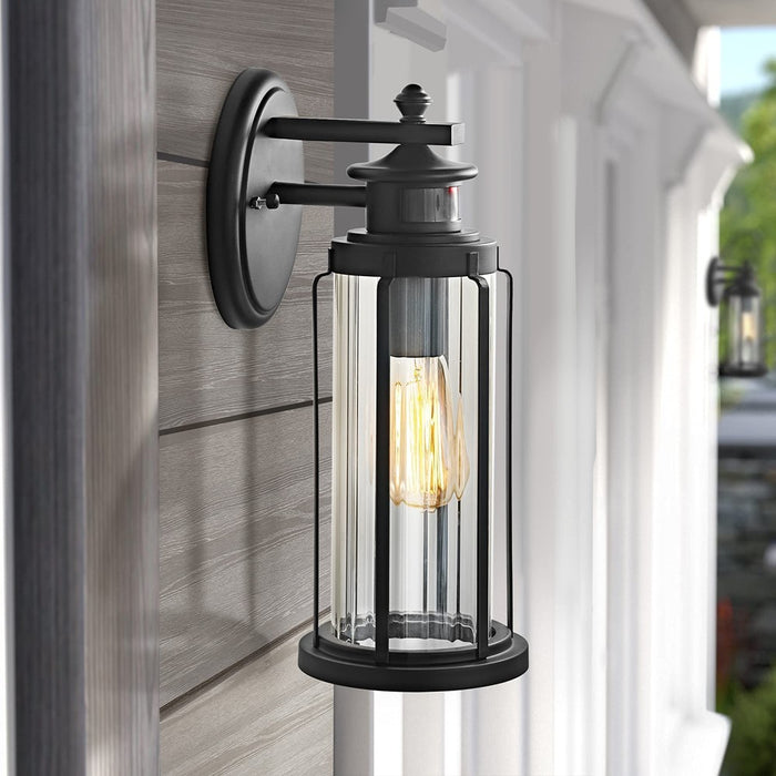 MOTINI Outdoor Wall Lantern With Motion Sensor Waterproof Exterior Dusk To Dawn Wall Sconce Lighting Fixture With Clear Ribbed Glass Shade Wall Mount Light For Garden, Patio, Porch, Bulb Included