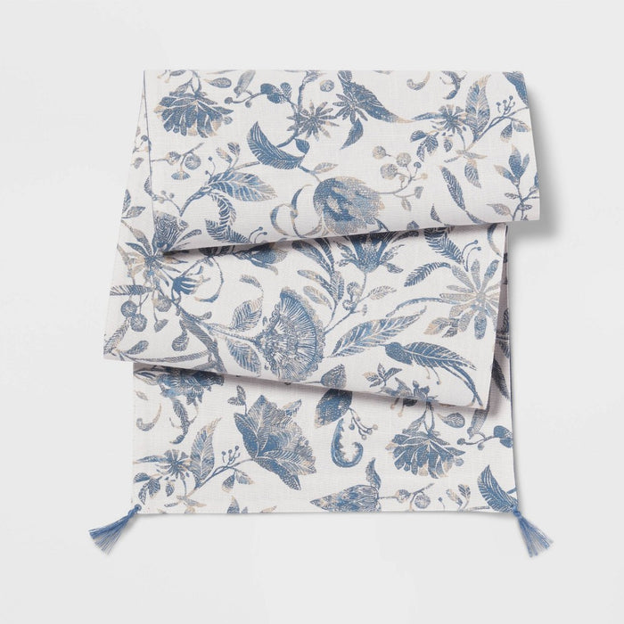 72" x 14" Cotton Floral Table Runner Blue - Threshold