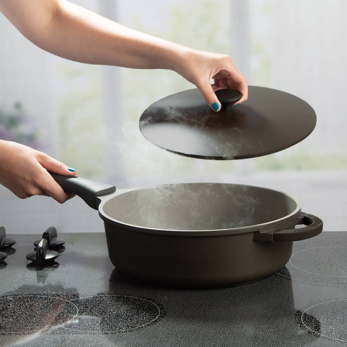 Goodful 4.8qt Cast Aluminum, Ceramic Deep Cooker with Lid, Side Handle and Long Handle Charcoal