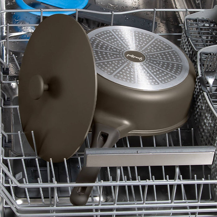 Goodful 4.8qt Cast Aluminum, Ceramic Deep Cooker with Lid, Side Handle and Long Handle Charcoal