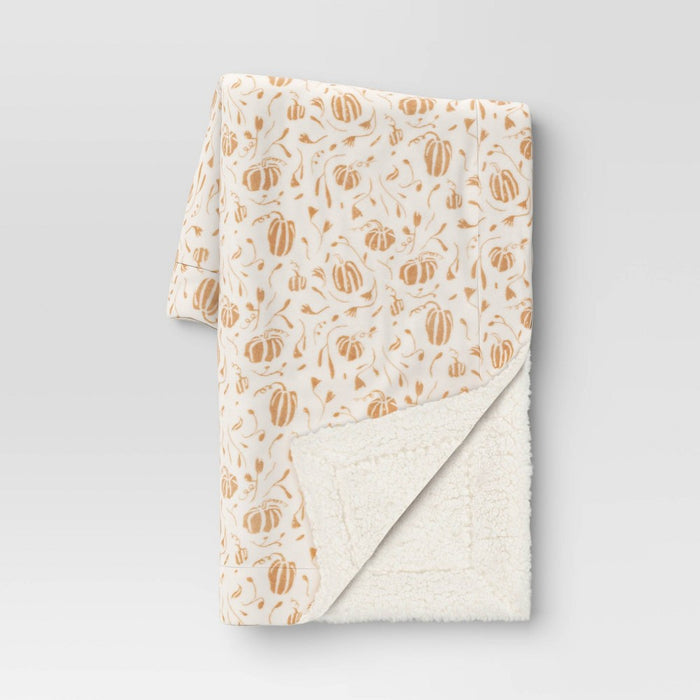 Mini Pumpkin Printed Plush with Shearling Reverse Throw Blanket Neutral/Cream - Threshold