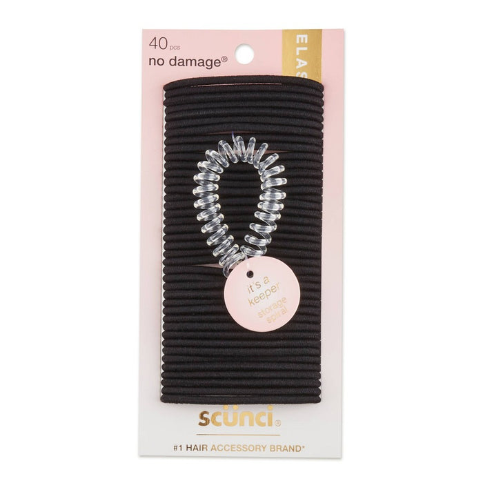 scunci No Damage Elastic Hair Ties with Bonus Ring Holder - Black - 4mm/40ct