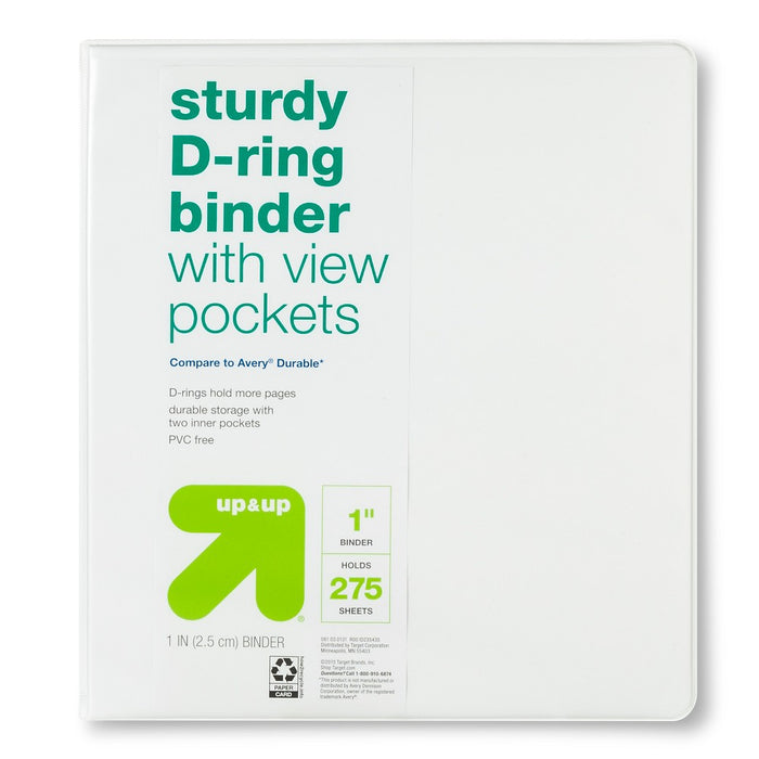 1" Sturdy D-Ring Binder with Clear View Cover White - Up&Up