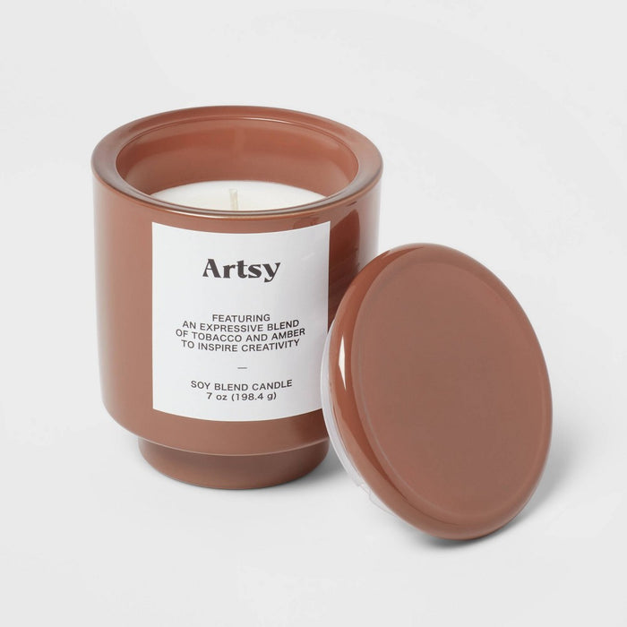 7oz Brown Exterior Painted Glass with Glass Lid Artsy Brown Candle - Opalhouse