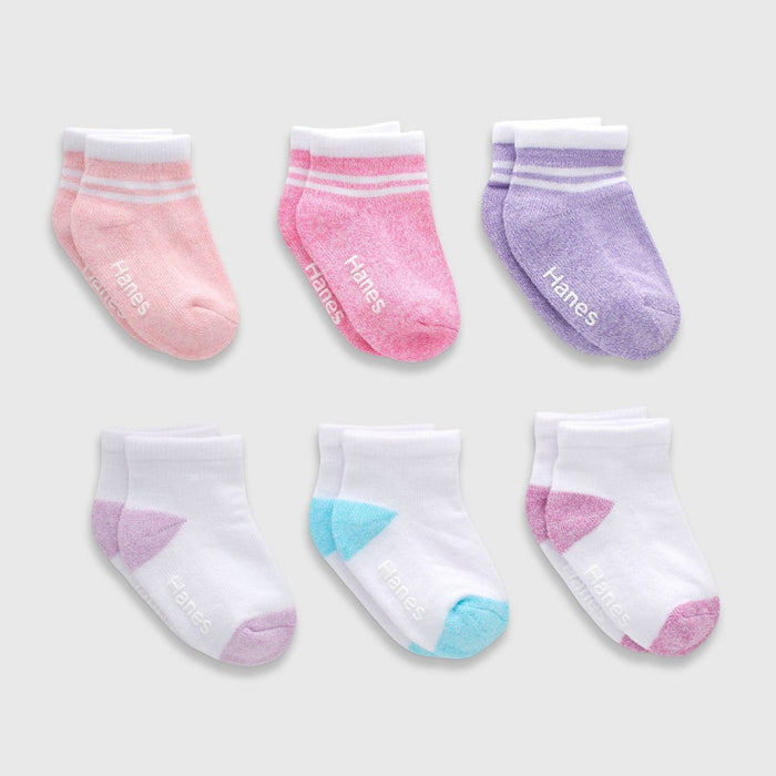 Hanes Baby Girls' 6pk PURE Comfort with Organic Cotton Solid Athletic Socks - Purple/Pink/Gray 12-24M