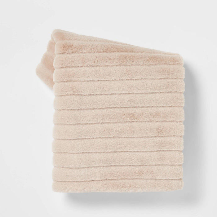 Textured Faux Fur Reversible Throw Blanket Neutral - Threshold