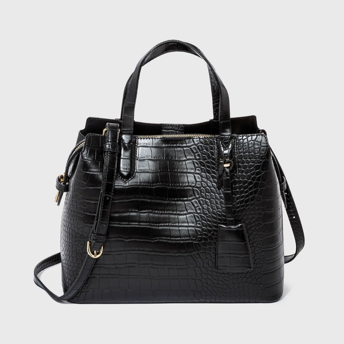 Alligator Print Triple Compartment Satchel Handbag - A New Day Black