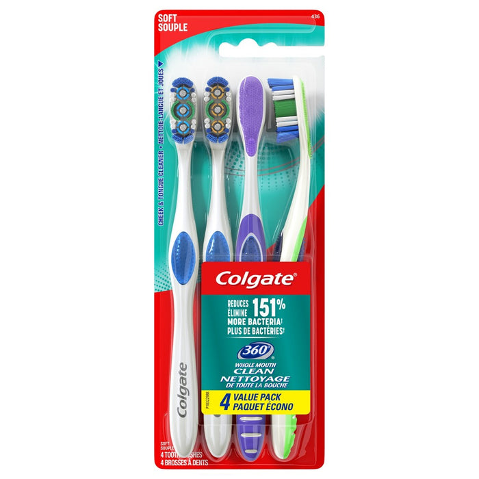 Colgate 360 Manual Toothbrush with Tongue and Cheek Cleaner - Soft Bristles - 4ct