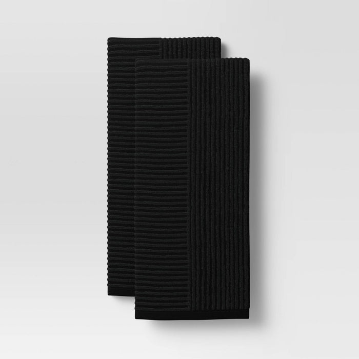 2pk Cotton Solid Ribbed Terry Kitchen Towel Black - Threshold