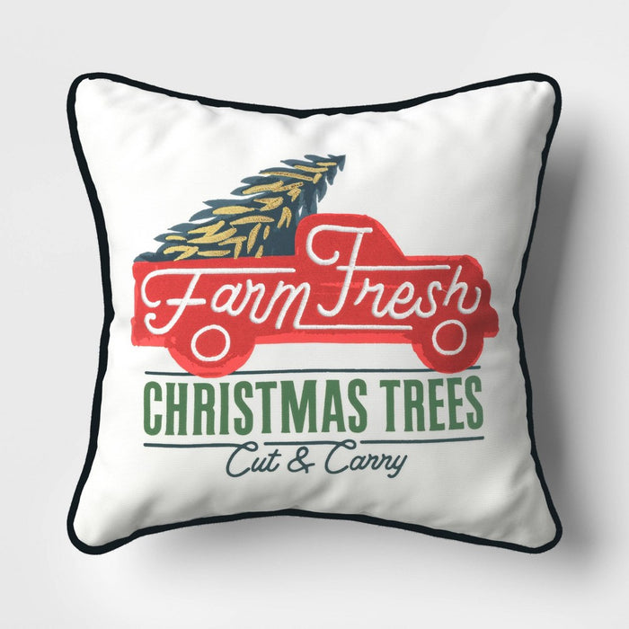 16"x16" Reversible 'Farm Fresh Christmas Trees' Truck to Plaid Square Throw Pillow White/Red/Blue - Wondershop