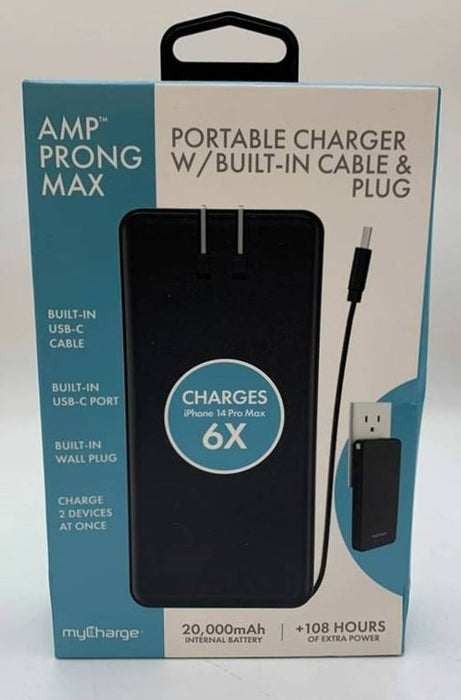 myCharge Amp Prong Max 20000mAh/12W Output Power Bank with Integrated Charging Cable - Black