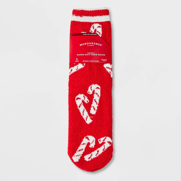 Women's Candy Cane 'Merry and Bright' Cozy Crew Socks with Gift Card Holder - Wondershop Red/White 4-10
