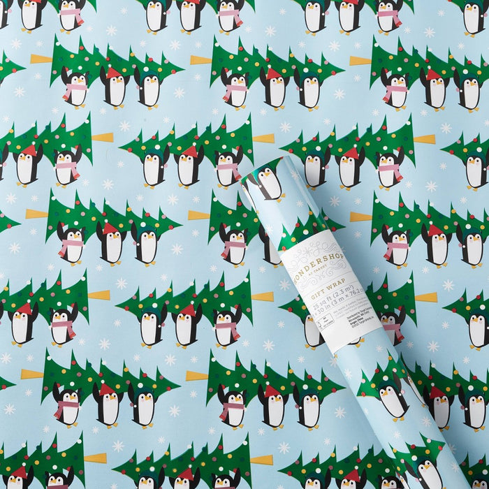 25 sq ft Penguins with Tree Gift Wrap Light Blue - Wondershop