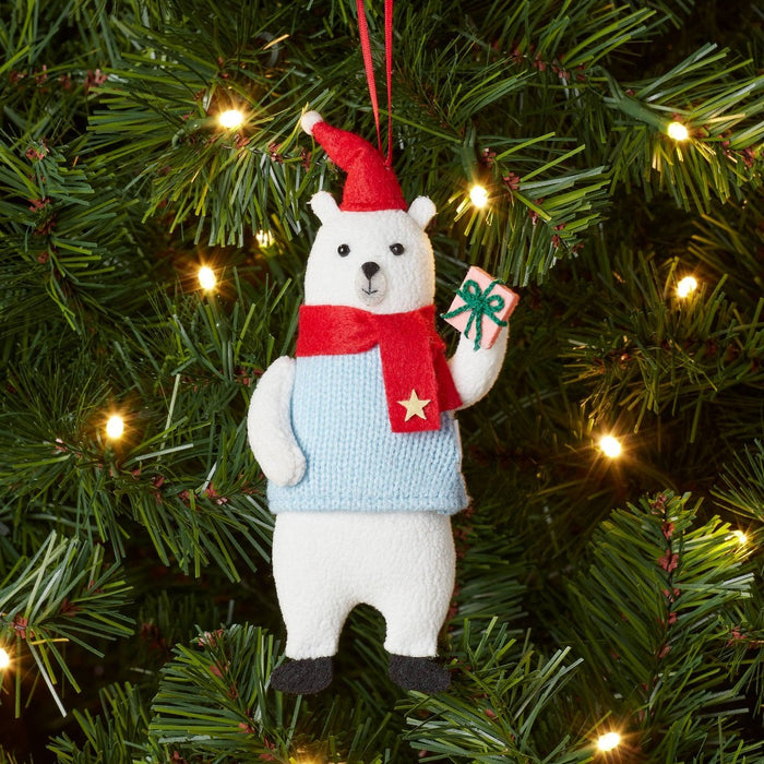 Fabric Polar Bear Wearing Sweater Holding Gift Christmas Tree Ornament White/Blue - Wondershop