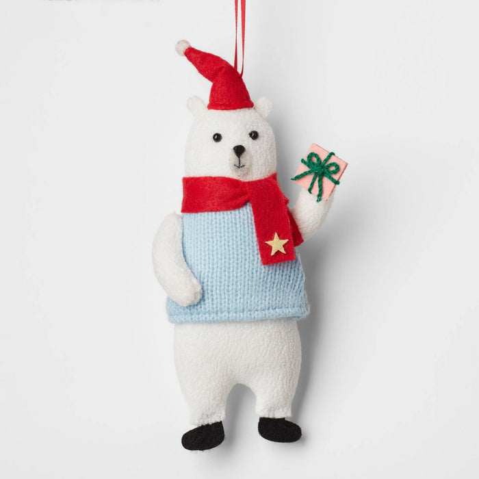 Fabric Polar Bear Wearing Sweater Holding Gift Christmas Tree Ornament White/Blue - Wondershop