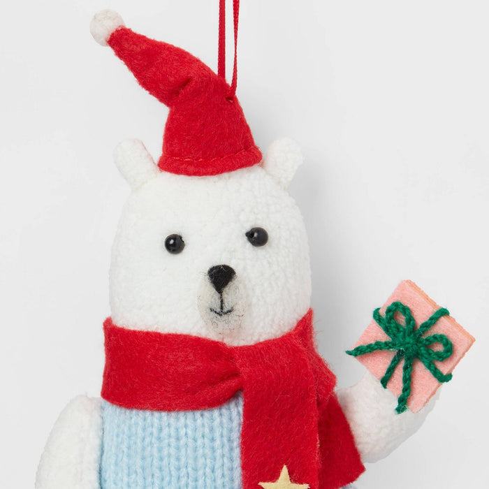 Fabric Polar Bear Wearing Sweater Holding Gift Christmas Tree Ornament White/Blue - Wondershop