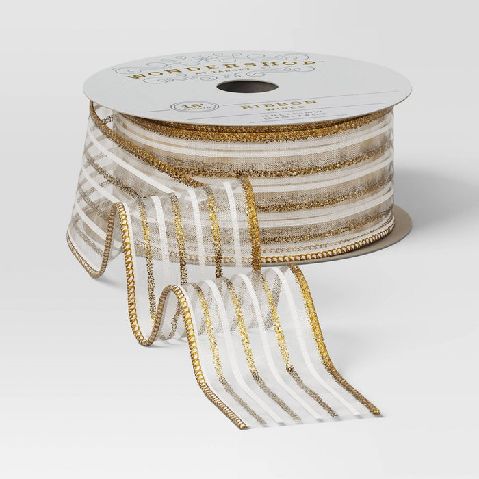 1.5" Striped Sheer Fabric Christmas Ribbon 18' Gold/White - Wondershop