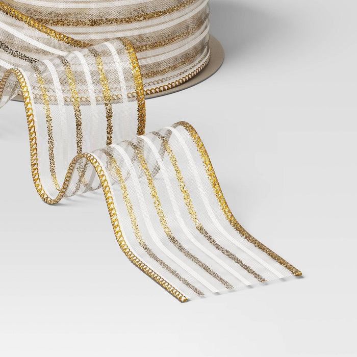 1.5" Striped Sheer Fabric Christmas Ribbon 18' Gold/White - Wondershop